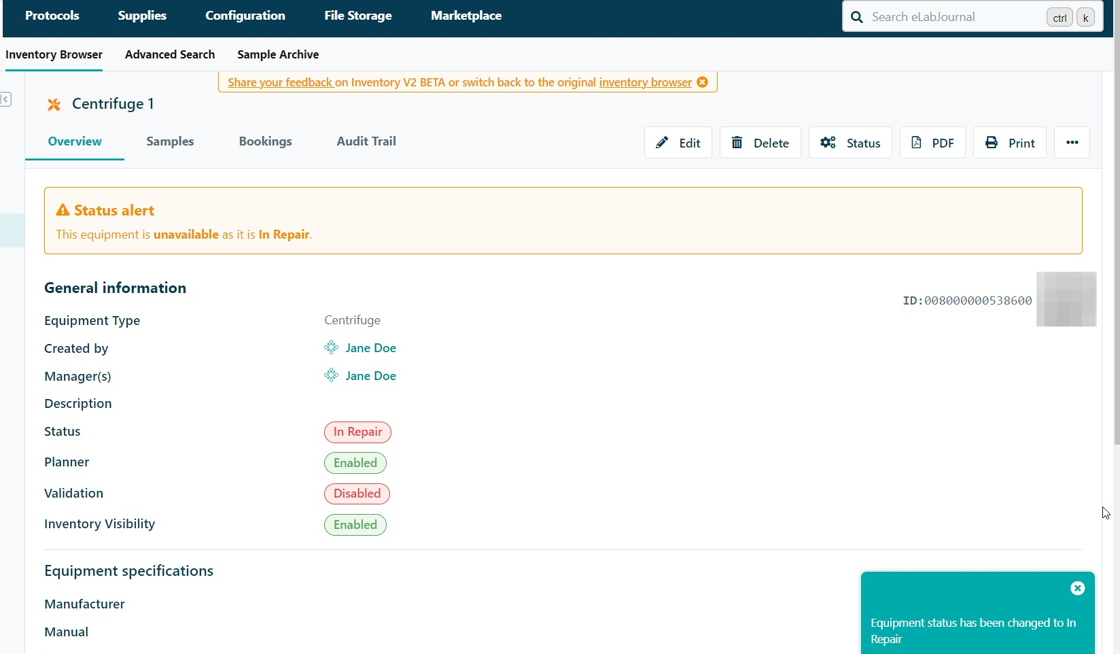 How to Update Equipment Status in ELabJournal Inventory - Step 7.png