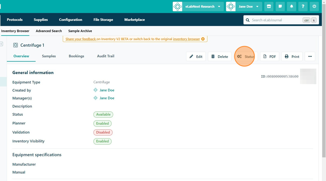 How to Update Equipment Status in ELabJournal Inventory - Step 2.png